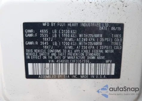 2015 Subaru Outback 2.5I Limited from USA, damaged, VIN 4S4BSBLC0F3357556